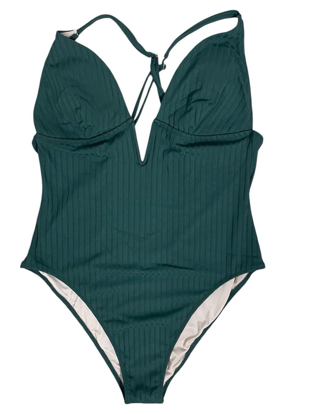 Shade & Shore Green Ribbed One Piece Swimsuit XL Plunge Open Back